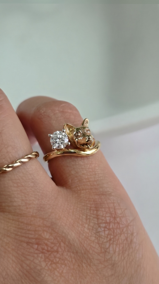 Anillo wave personalizado de tu perrito o gatito carita mini con moissanita